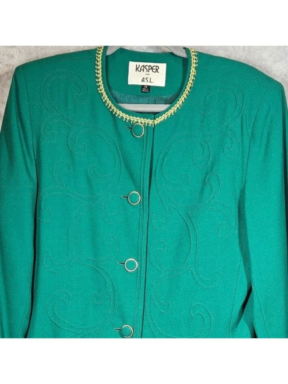 Kasper Womens 14 Green Embroidered Blazer Skirt Suit Set career formal